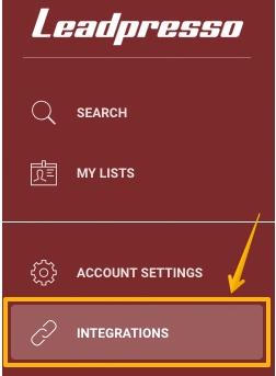 Image with arrow pointing to the 'Integrations' tab in Leadpresso