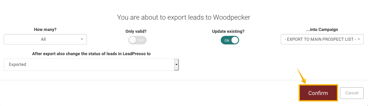 Image with arrow pointing to 'Confirm' button in Leadpresso