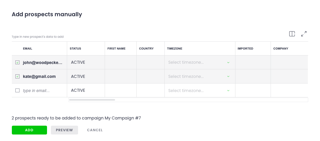 Picture showing how to add prospects manually by entering an email address