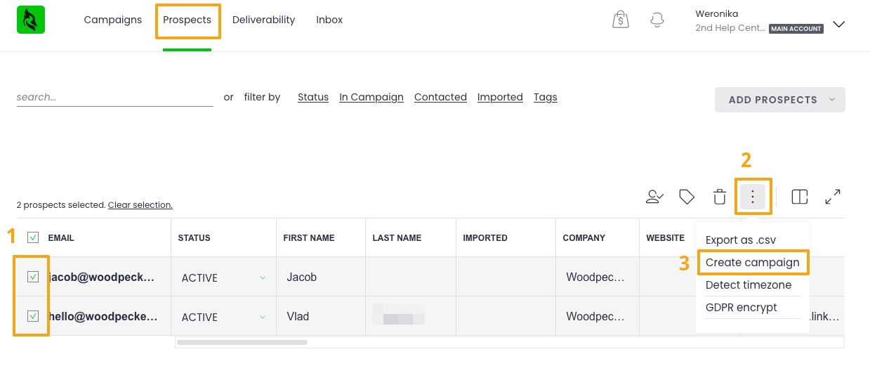 Picture with step-by-step instruction on creating a campaign from prospects in main database