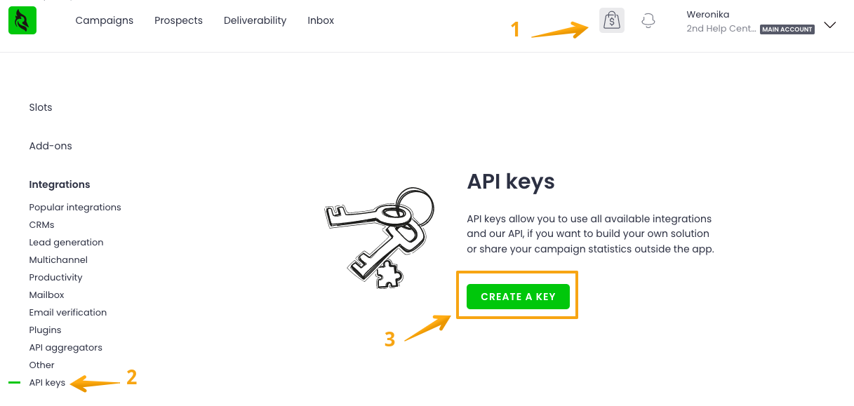 Image with arrows pointing step-by-step how to generate API Key in Woodpecker