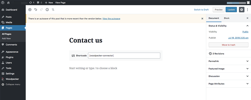 View of the Pages settings in the WordPress