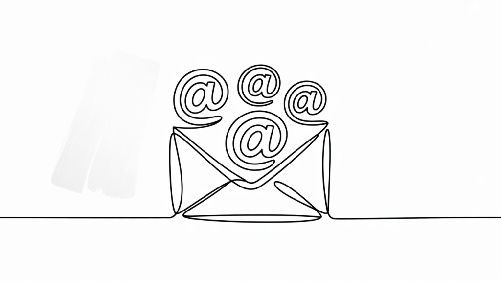 Line drawing of an envelope with multiple @ symbols inside.