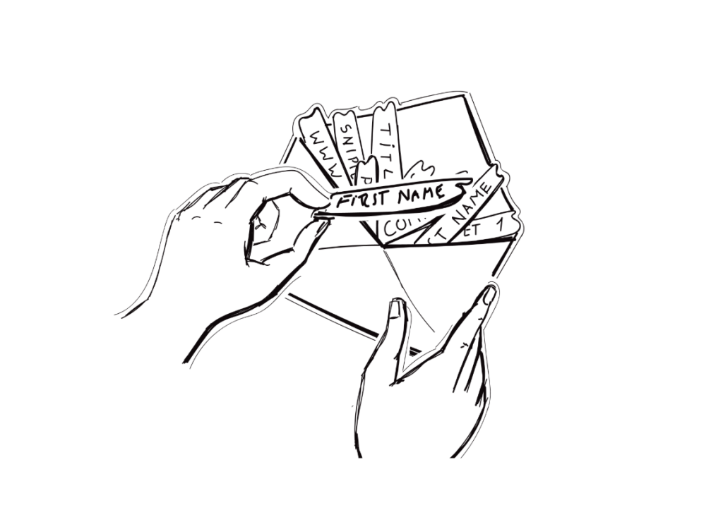 Hands holding an envelope filled with labeled tabs like "FIRST NAME," "TITLE," and "SNIPPET," representing email personalization elements.