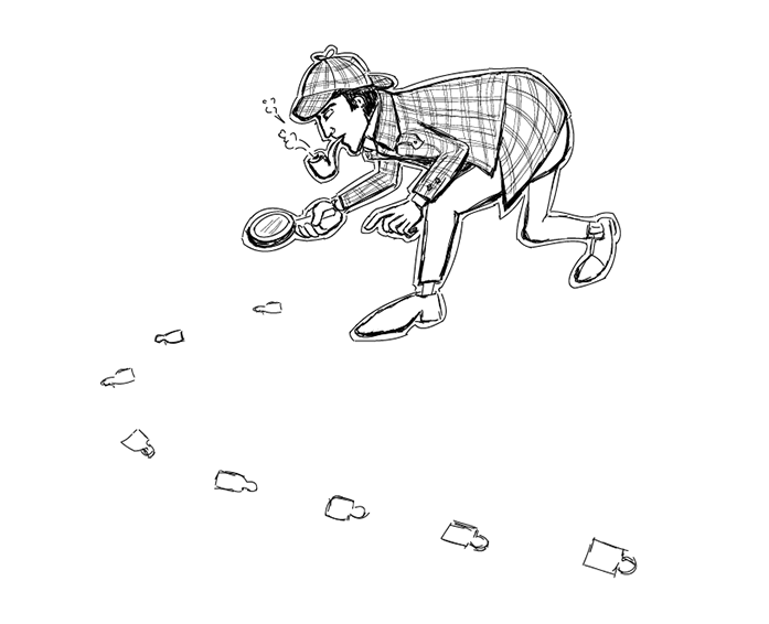 A detective following a trail of email icons with a magnifying glass, suggesting email tracking or investigation.