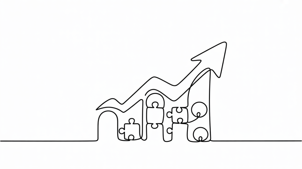 Line art showing puzzle pieces forming a growth arrow to represent SaaS lead generation, illustrating SaaS lead generation as combining strategies, and SaaS lead generation driving long-term growth.