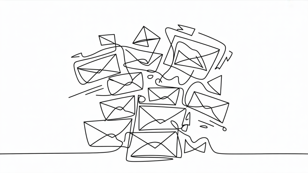 Line drawing of many envelopes around a computer screen and arrows.