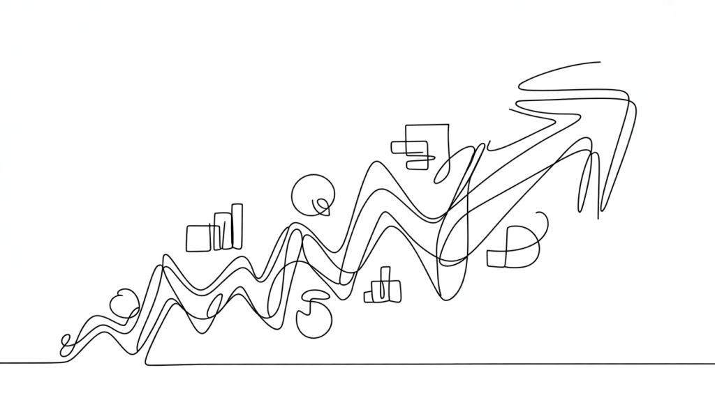 Abstract line illustration showing a growing arrow with icons representing email, charts, and digital communication.