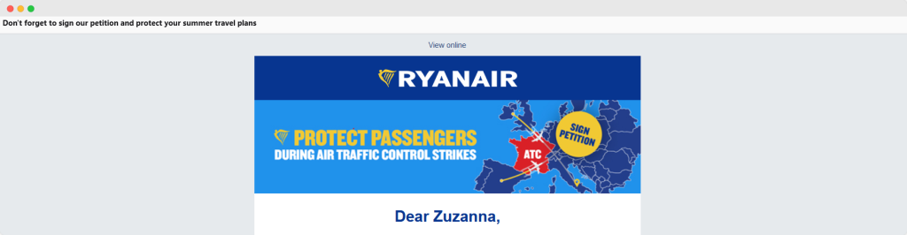 reminder email from Ryanair