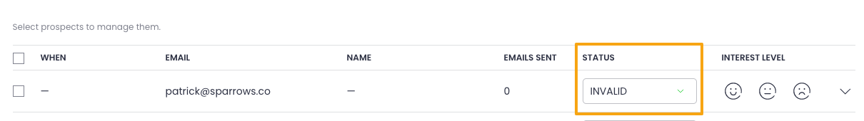 Image with highlighted field with prospect's "Invalid" status in a campaign