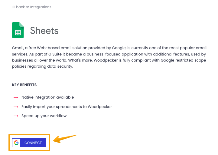 Image with arrow poitnting to a 'Connect' button on the Google Sheets integration page