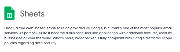 Image with description about Google Sheets integration with Woodpecker